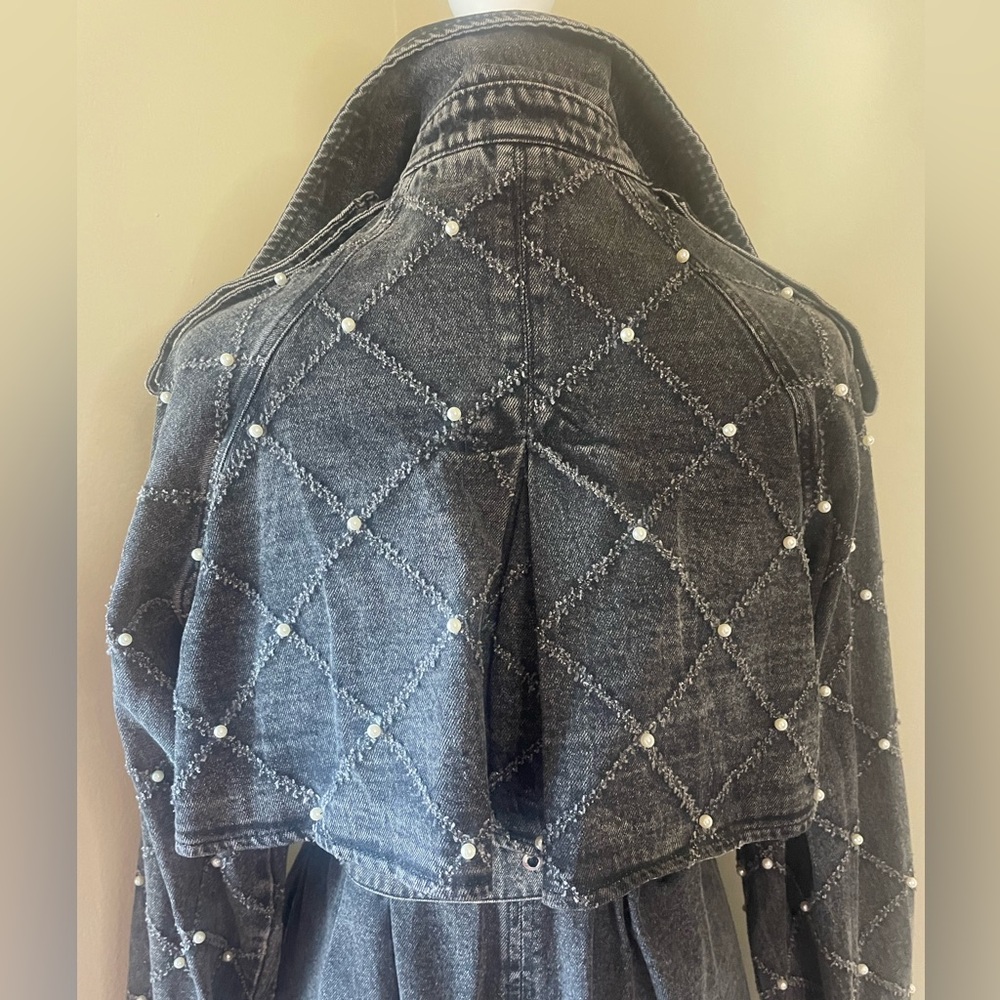 Distressed Denim Trench Coat, Black /Gry. w/ Pearl & Silver Accents, S, M , L - Picture 13 of 16